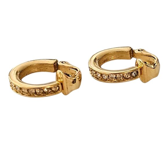 Trifari Gold Tone Clear Rhinestone Hoop Clip On Earrings, Signed - Picture 8 of 8